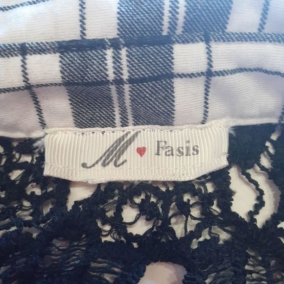 Embroidered Lace Back Shirt, Black & White Plaid Sleeveless by M Fasis size S - Picture 4 of 4